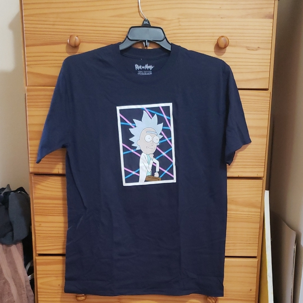 Navy blue "Rick and Morty" themed t-shirt featuring Rick Sanchez in a stylized,